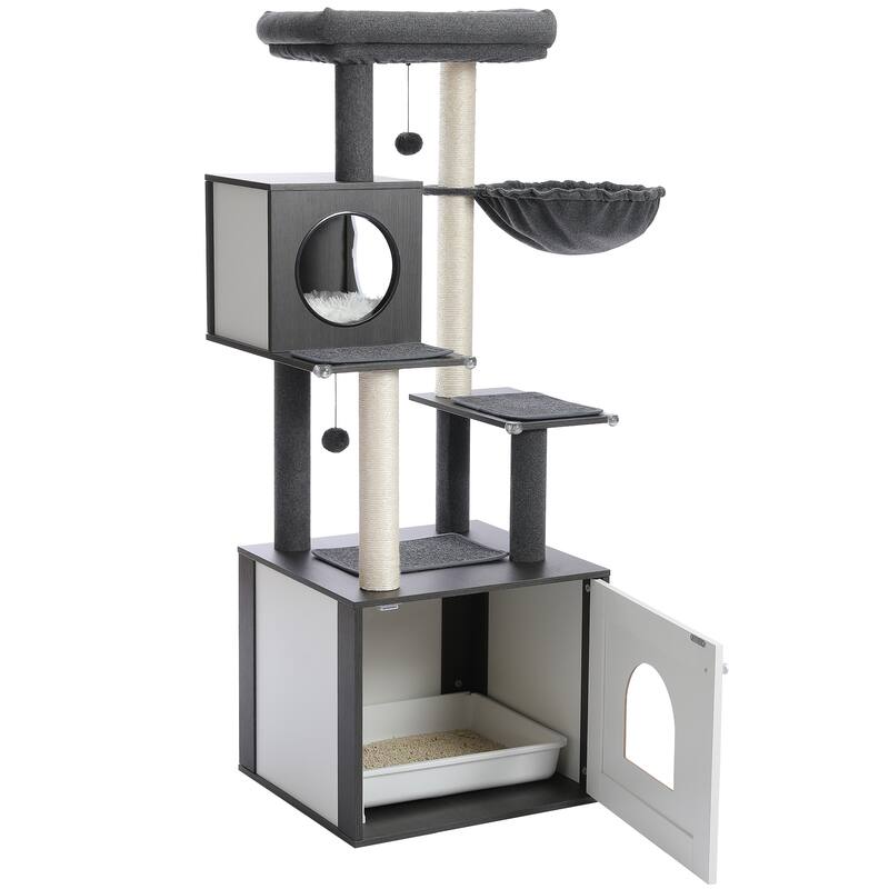 56.7" Cat Tree with Enclosure Large Litter Box, Cozy Cat Condo, Scratching Post and Repalcable Dangling Balls