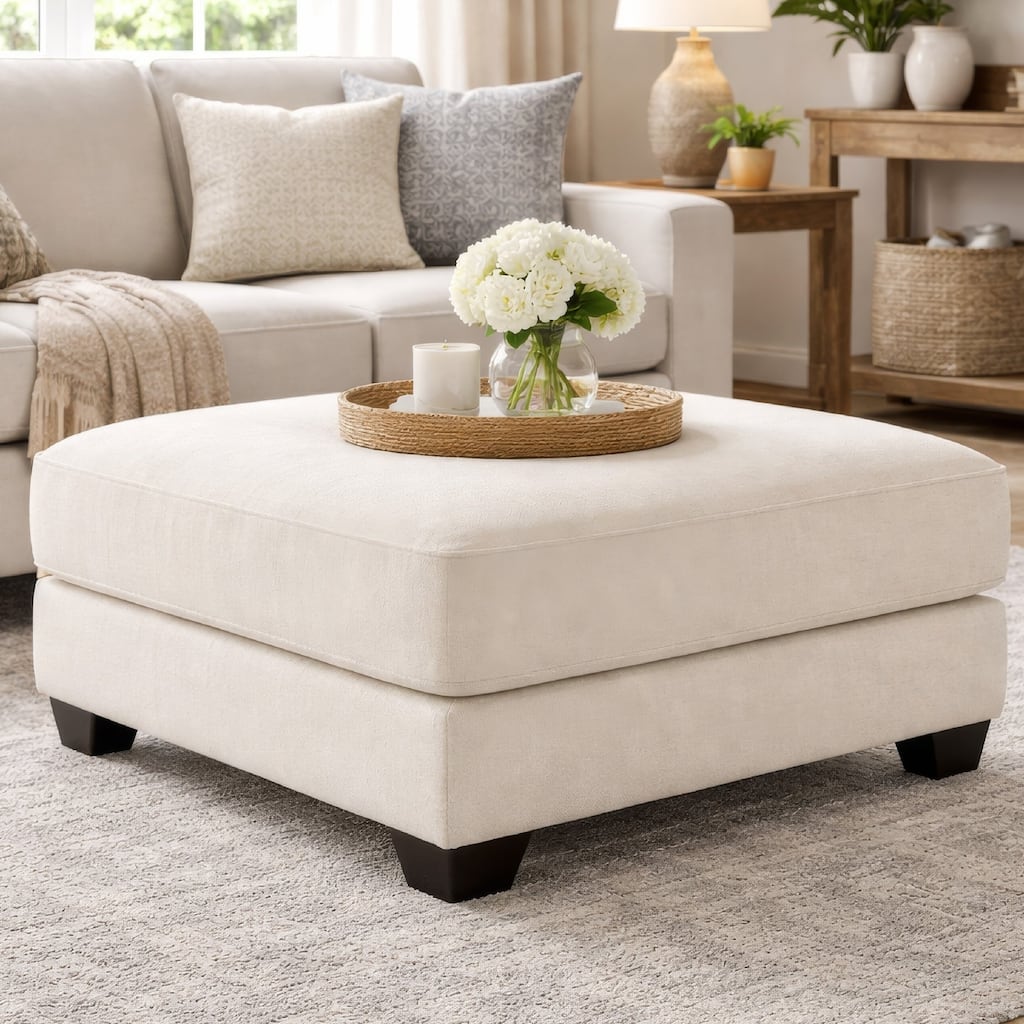 42 Inch Ottoman, Oversized Cushion, Modern Style, Soft Beige Polyester