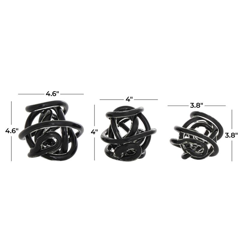 Glass Abstract Handmade Iridescent Knotted Ball Sculpture - Set of 3 Dark Gray, Black or Clear - Roche River Decor