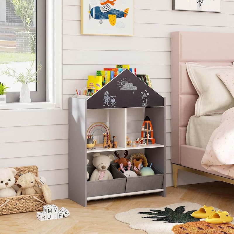 Wooden Dollhouse Bookcase Children Toy Display Chest Cubby Bookshelf
