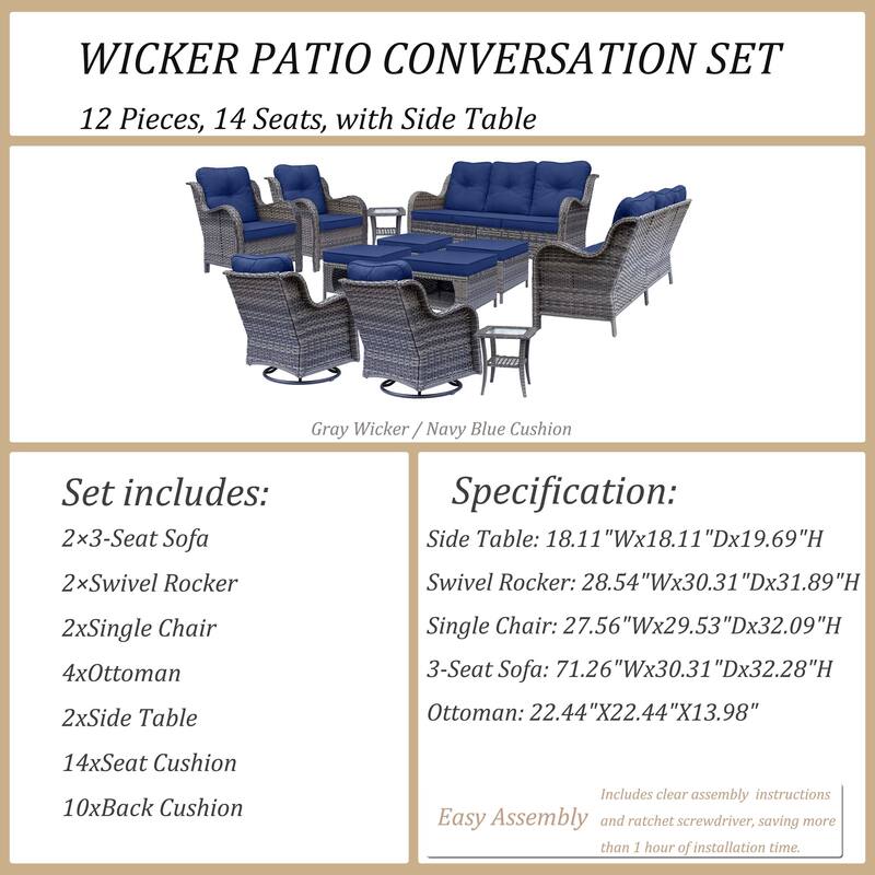 12 Piece Outdoor Wicker Patio Conversation Swivel Chairs Furniture Set