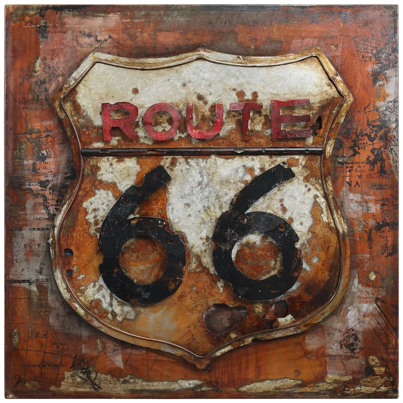 "Route 66" Mixed Media Iron Hand Painted Dimensional Wall Art Sculpture