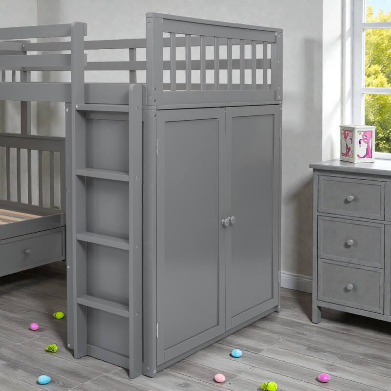 Twin Twin Over Full L-Shaped Bunk Bed with Drawers, Wardrobe and Retractable Desk, Pine Wood Frame