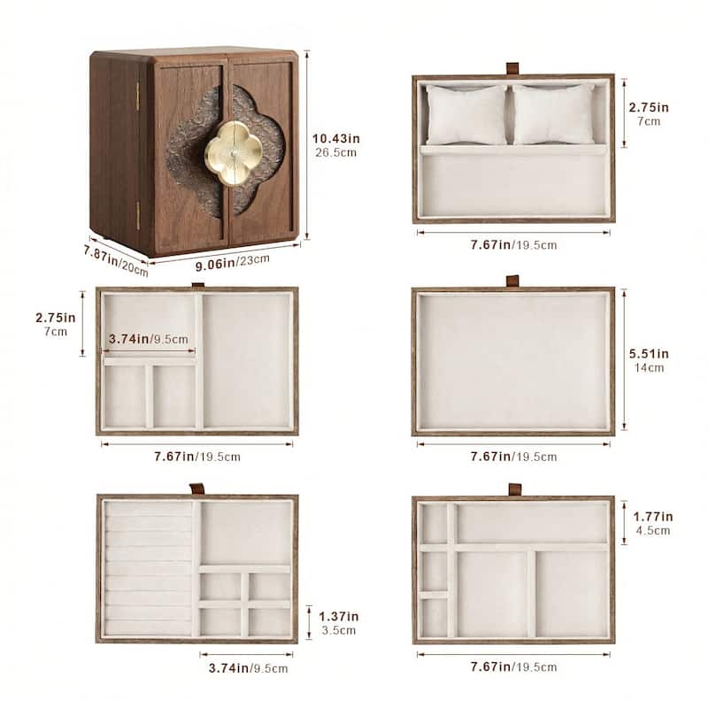 Walnut Color Double Doors with Begonia Handle 5-Layer High Capacity Jewelry Box - 9.06