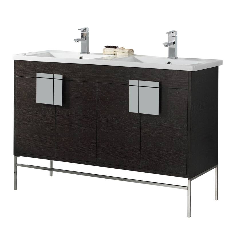 Modern Bathroom Vanity Set, Vitreous China Double Sink Top 48" - Black/Polished Chrome