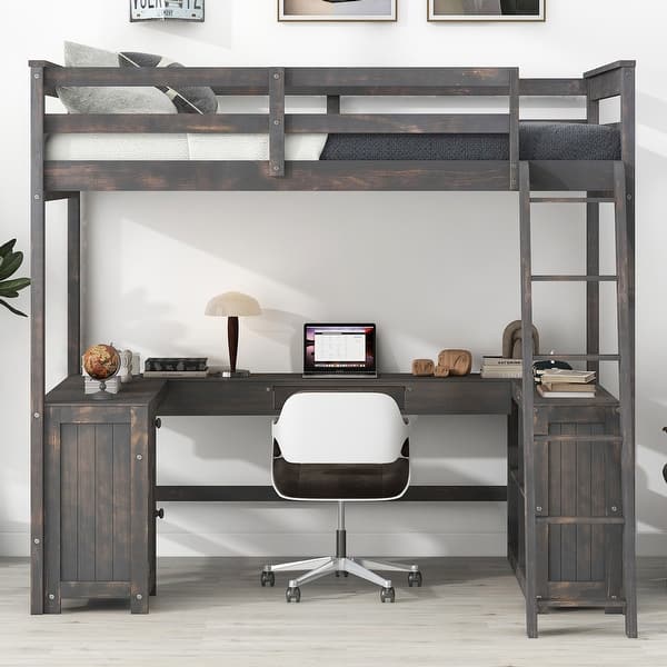 slide 2 of 17, Full Size Loft Bed with U-shaped Desk and Storage Shelves,Minimalist Design Antique Brown