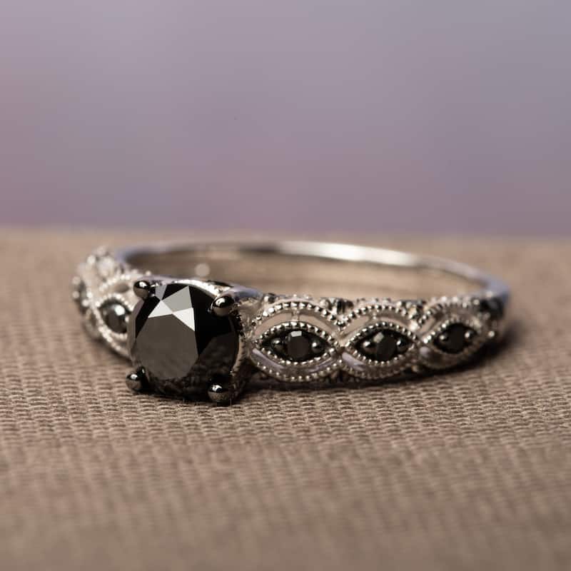 Miadora 10k White Gold 1 1/4ct TDW Round Black Diamond Engagement Ring