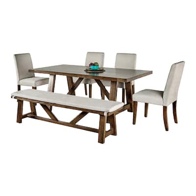 Jule 6pc Dining Set, Brown Rectangular Table, Chairs, Bench w White Seats