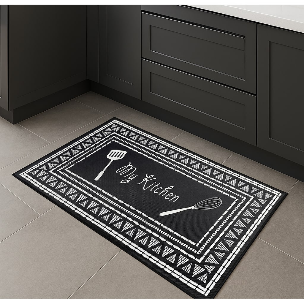 28" x 17" - Black White Modern Non-Slip Washable Low Pile Kitchen Mat - 28" x 17"