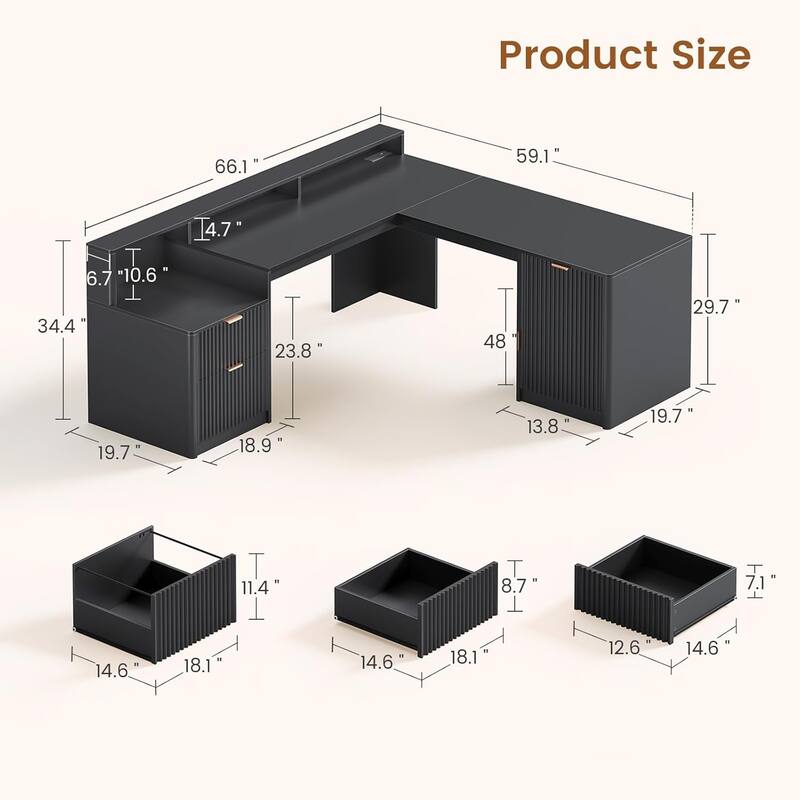 66" L Shaped Desk Drawers Home Office Desk File Cabinet Executive Desk