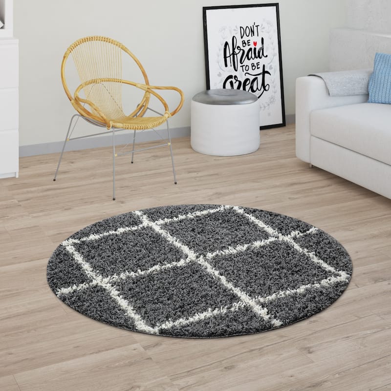 Soft Shag Rug in Anthracite with Diamond Pattern - Scandi Design - 5'3" Round - Anthracite