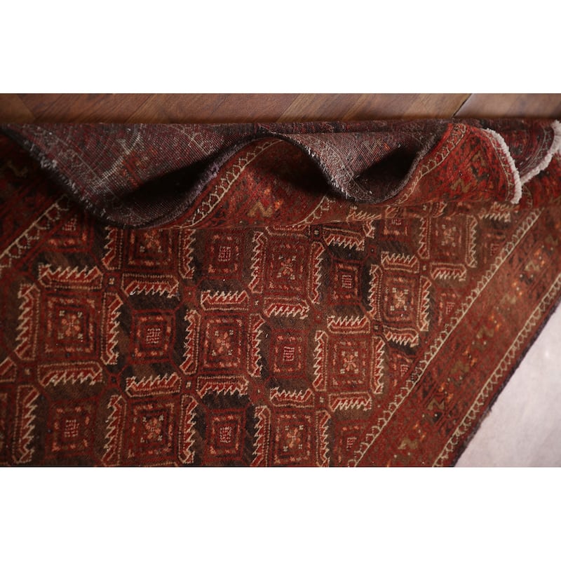 Geometric Balouch Persian Vintage Runner Rug Handmade Wool Carpet - 3'3"x 9'5"