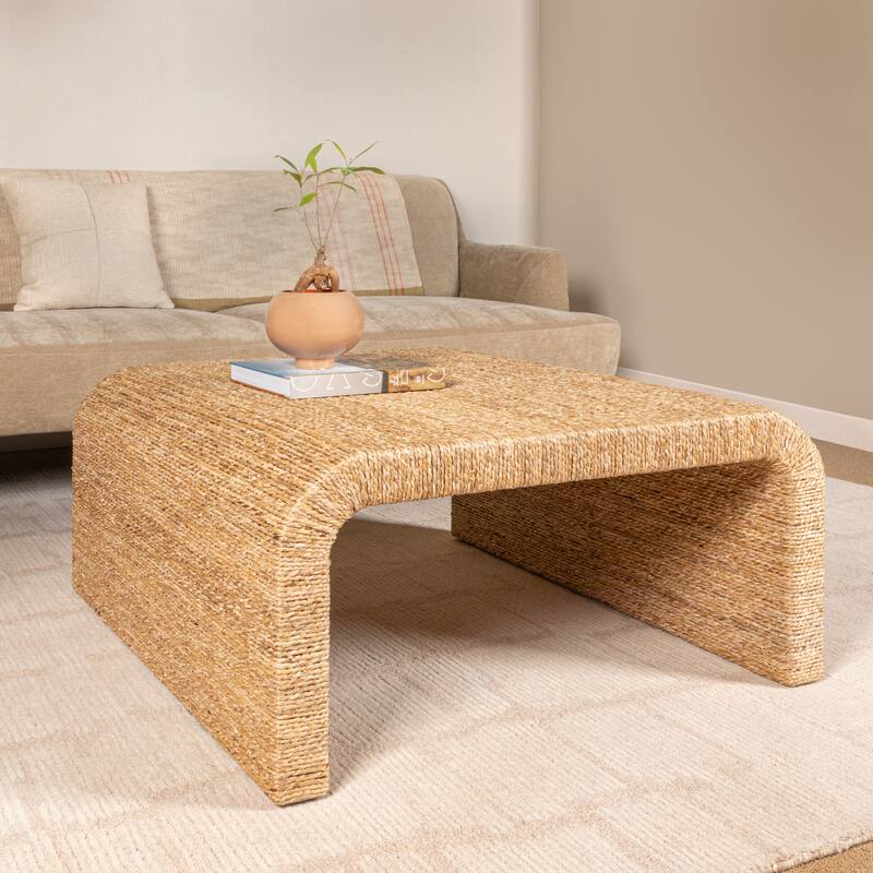 Miramar Water Hyacinth & Acacia Wood Coffee Table with Waterfall Edge