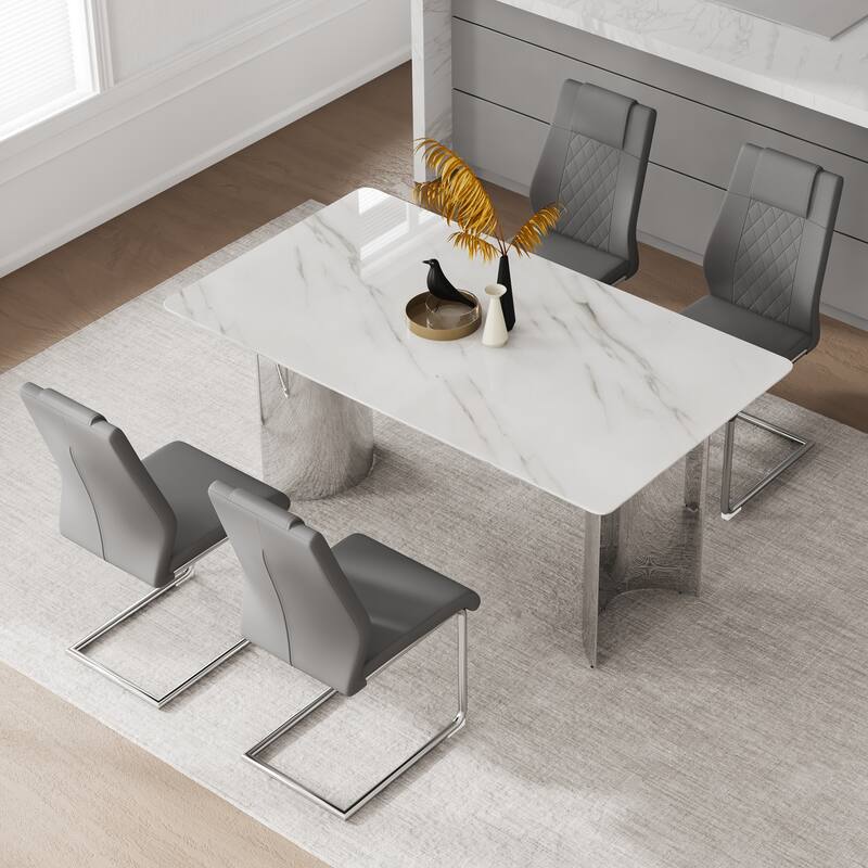 Kitchen Rectangle Dining Table Set for 4, 63" Faux Marble Glass Table with Stainless Steel Legs and PU Upholstered Chairs