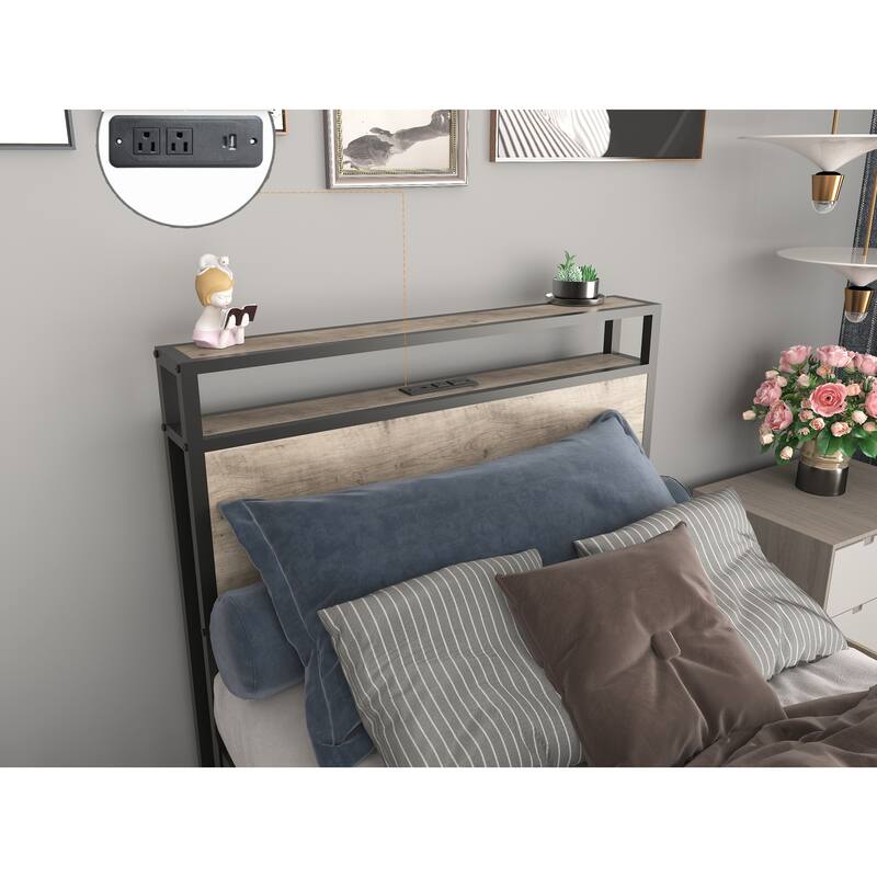 Full Size Bed Frame with Storage Headboard, Charging Station, LED Lights, Noise-Free Design, 4 Storage Drawers
