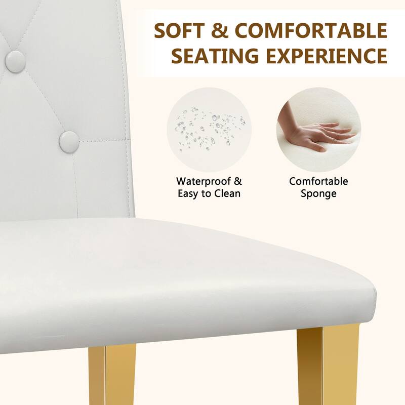 Set of 4 white PU dining chairs: ergonomic buckle backrest, 35 inches high, golden metal legs