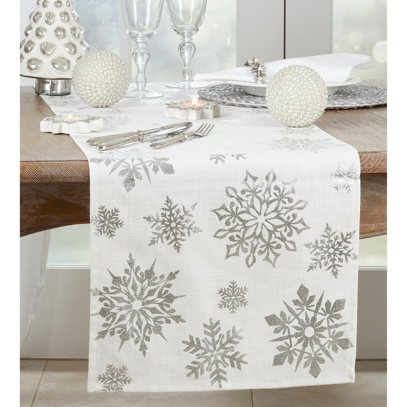 Table Runner With Foil Print Snowflake Design - 16"x90" - Silver