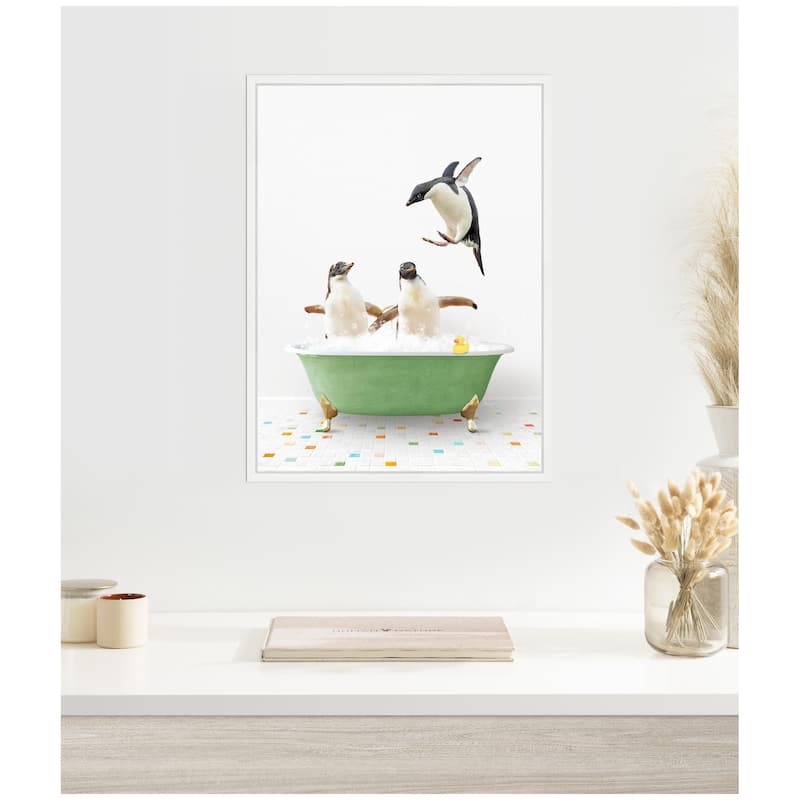Kate and Laurel Sylvie Penguins in Green Bathtub on Colored Tile Framed Canvas by Amy Peterson
