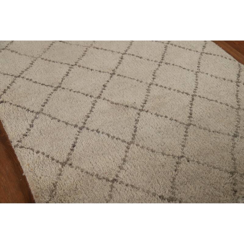 Beige Trellis Moroccan Oriental Runner Rug Handmade Wool Carpet - 2'7" x 7'9"