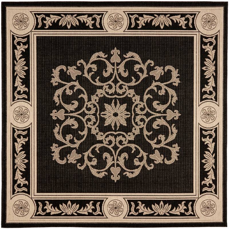 SAFAVIEH Courtyard Lineke Indoor/ Outdoor Waterproof Patio Backyard Rug - 6'7" Square - Black/Sand