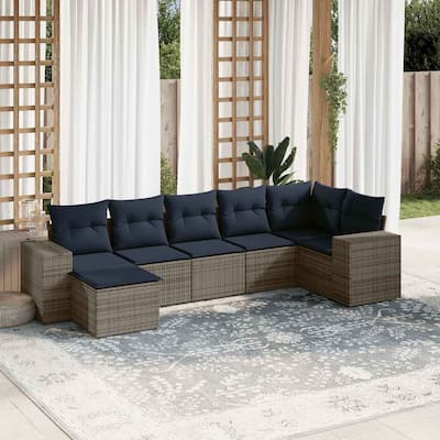 vidaXL 7/8 Piece Patio Sofa Set with Cushions Black/Brown/Gray Poly Rattan - 24.4 x 24.4 x 27.2