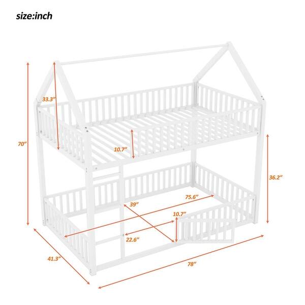 Metal Twin over Twin House Bunk Bed with Fence and Door