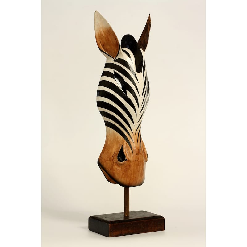 20" Wooden Tribal Striped Zebra Mask with Stand Hand Carved Home Decor Accent Art Unique Sculpture Decoration Handmade