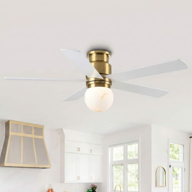 52" Modern Plating Gold Globe Glass Flush Mount Ceiling Fan with Light and Remote