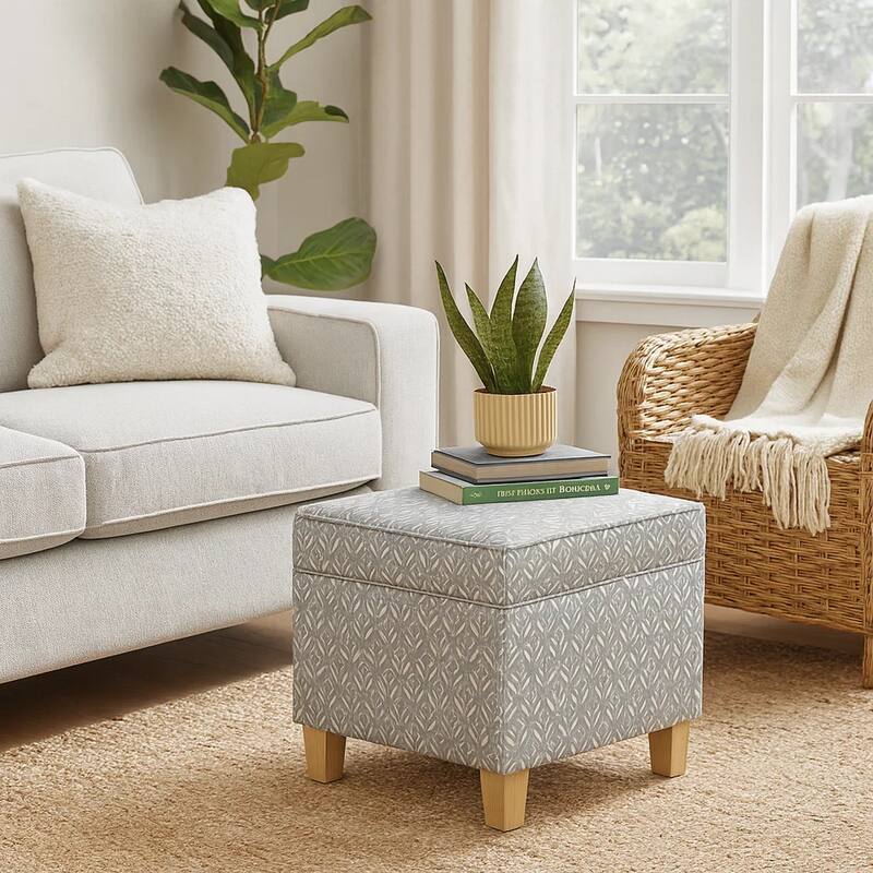 Pyp Square Storage Ottoman, 18 Inch Gray Print Fabric, Brown Wood