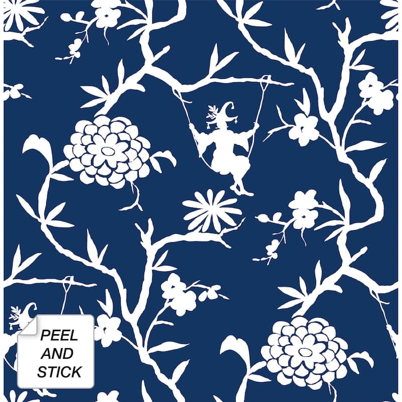 NextWall Chinoiserie Silhouette Peel and Stick Wallpaper - 20.5 in. W x 18 ft. L - Navy Blue