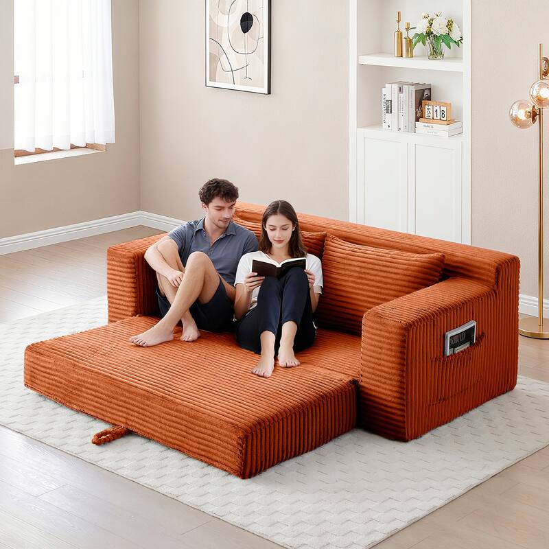 Orange Floor Sofa Couch Convertible Sofa Bed with Storage Pockets, Boneless Pull-Out Sofa Bed for Living Room