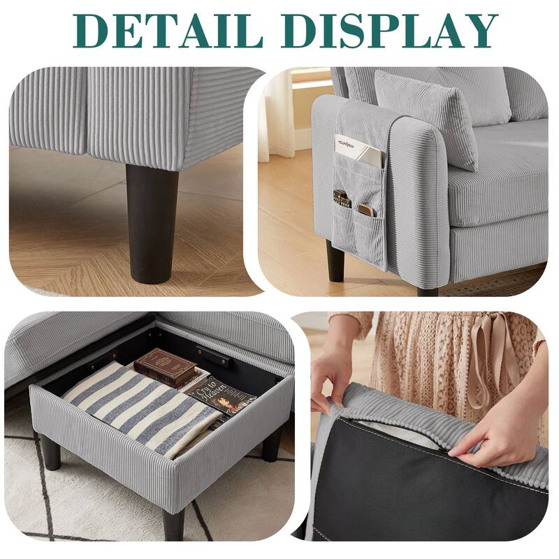 77.17" Corduroy 3 Pieces Living Room Sets with Sofa, Ottoman and Loveseat