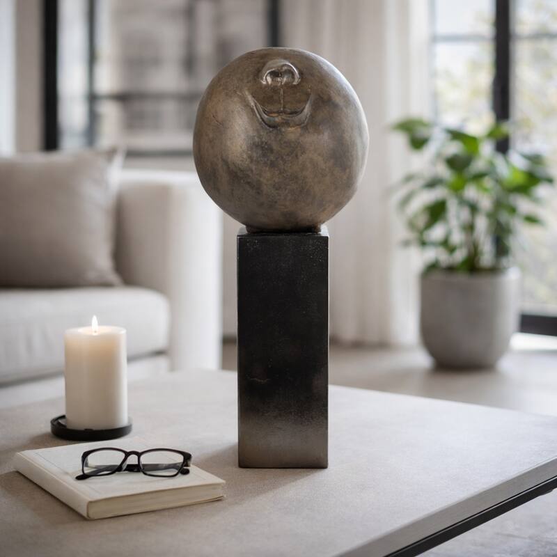 Decorative Smiley Head on Pedestal Sculpture