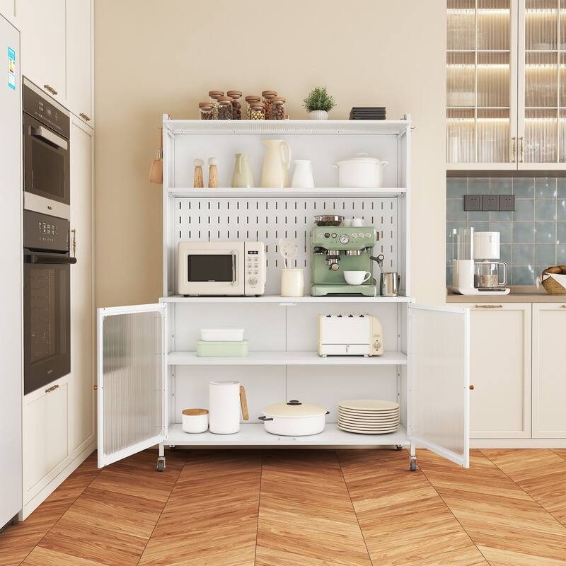Kitchen Pantry Cabinet, Tall Storage Cabinet with Glass Doors & Adjustable Shelves, Cabinet Cupboard