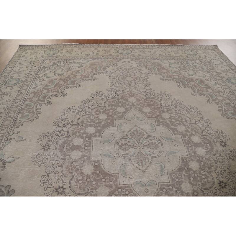 Hand Knotted Oriental 100% Wool Carpet Traditional Medallion Beige & Ivories Tabriz Area Rug - 12' 2'' X 9' 8''
