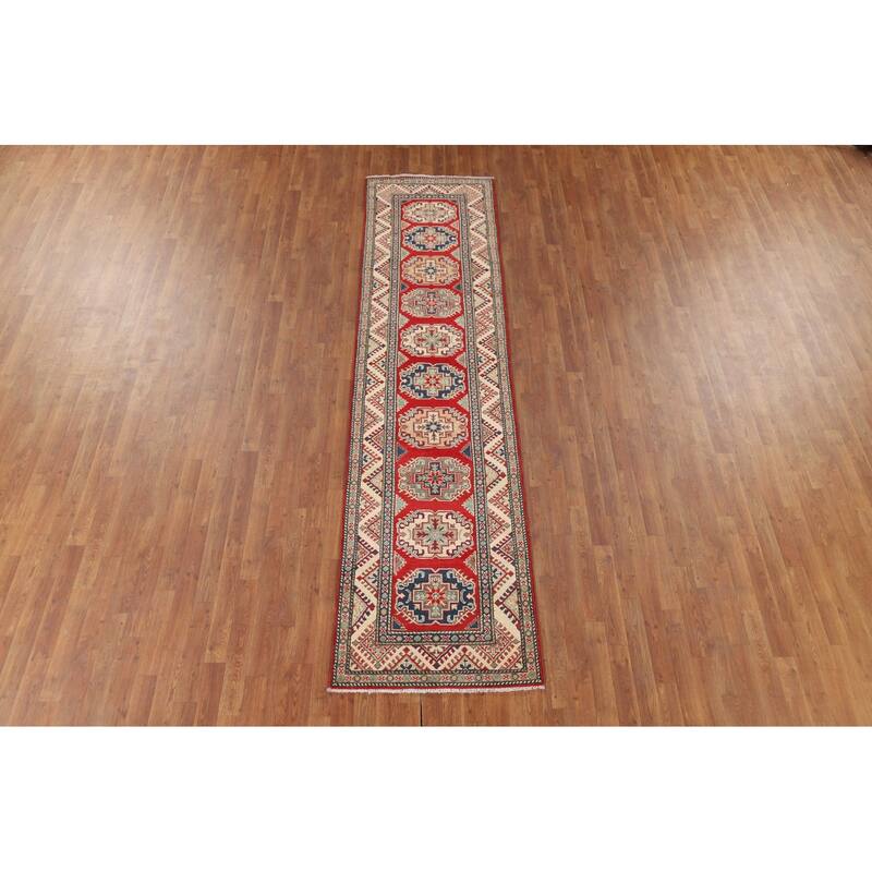 Geometric Kazak Runner Rug Handmade Wool Carpet - 2'7" x 10'7"