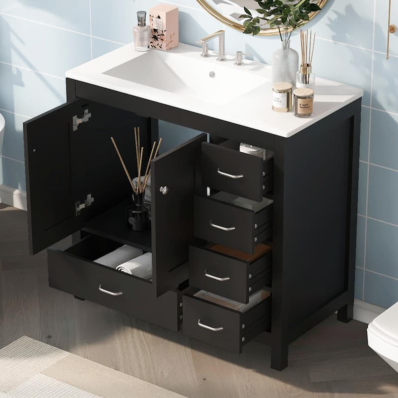 36" White Bathroom Vanity with Ceramic Sink Combo, Ample Storage Cabinet - 2 Soft-Close Doors and 5 Drawers