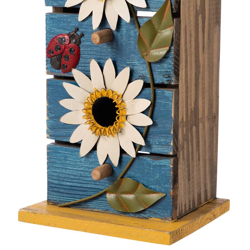 Glitzhome 15"H Washed Blue 2-Tiered Solid Wood and Metal Daisy Decorative Outdoor Garden Birdhouse