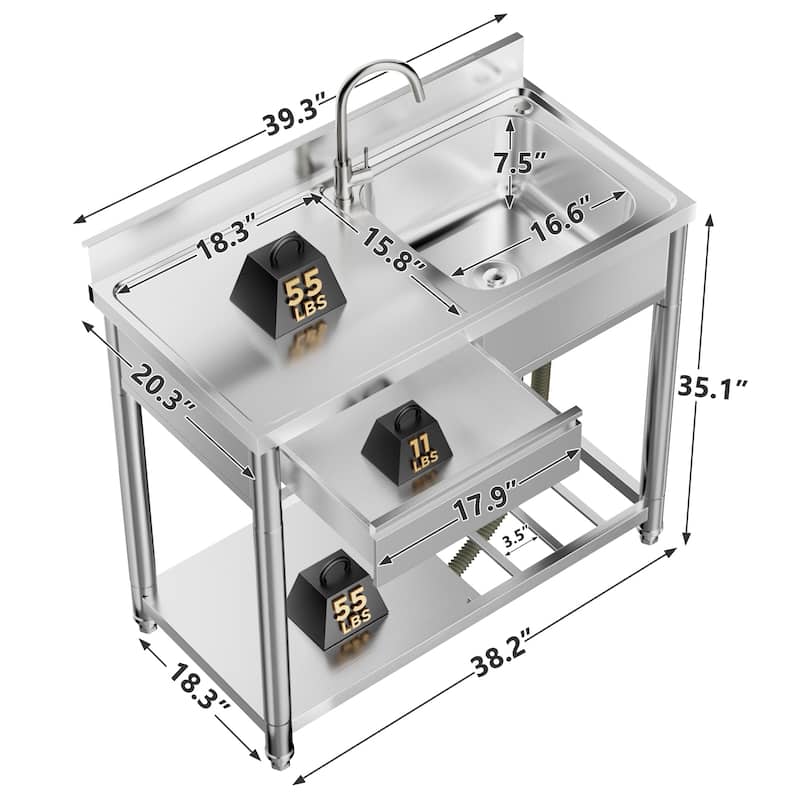 304 Stainless Steel Utility Sink with Workbench&Storage Shelf, Freestanding Prep Table with Left Drawer, 39"Sink Station