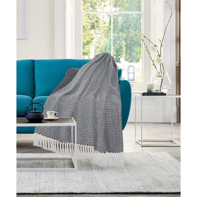 Sevita Blue and Ivory Diamonds Fringe Standard Size Throw Blanket