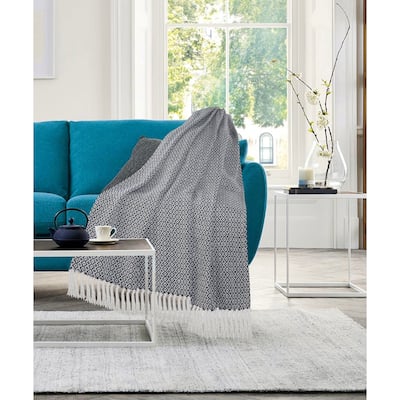 Sevita Blue and Ivory Diamonds Fringe Standard Size Throw Blanket