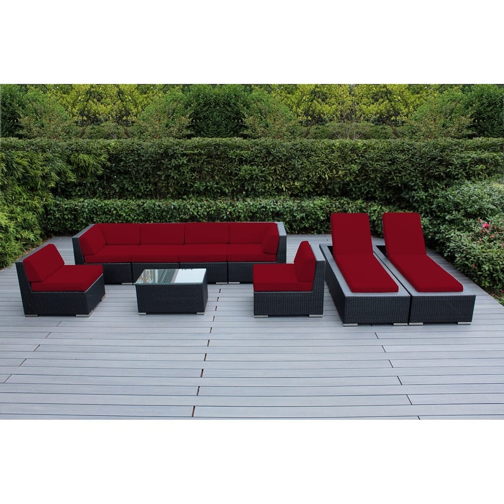 Ohana Outdoor Patio 9 Piece Black Wicker Sofa and Chaise Lounge Set - No Assembly