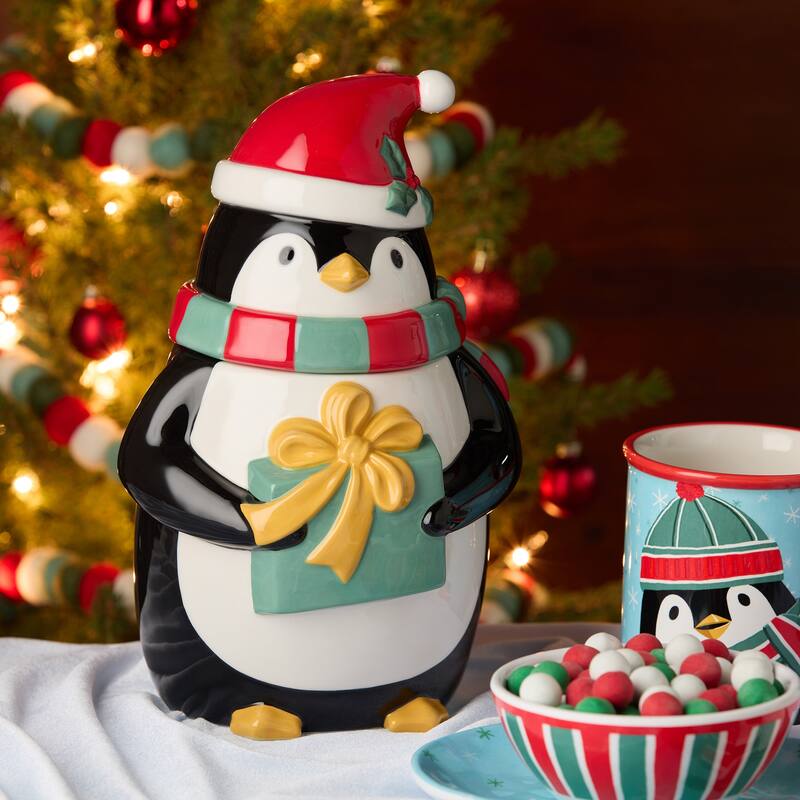 Certifed International Christmas Whimsy Penguin 3-D Cookie Jar - 6.75"W x 6.625"D x 11.625"H