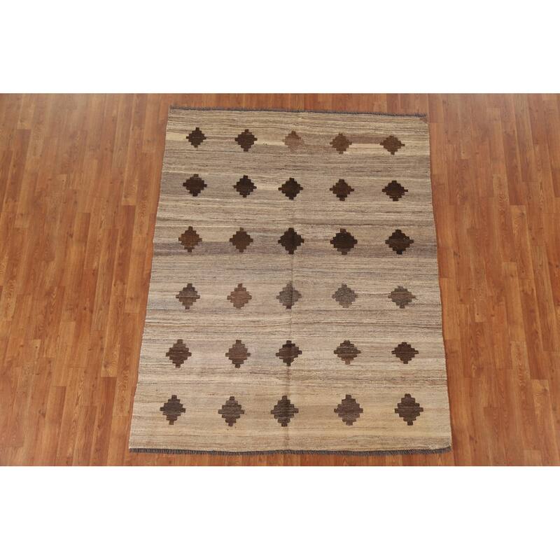 Geometric Kilim Modern Area Rug Hand-woven Wool Carpet - 5'1"x 6'6"