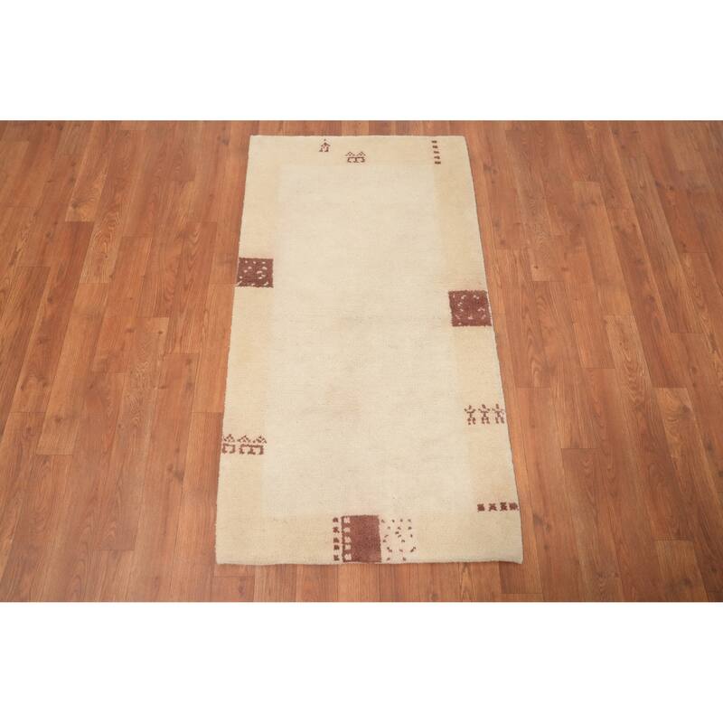 Hand Knotted Oriental 100% Wool Carpet Modern Geometric Beige & Ivories Gabbeh Area Rug - 3' 11'' X 2' 1''