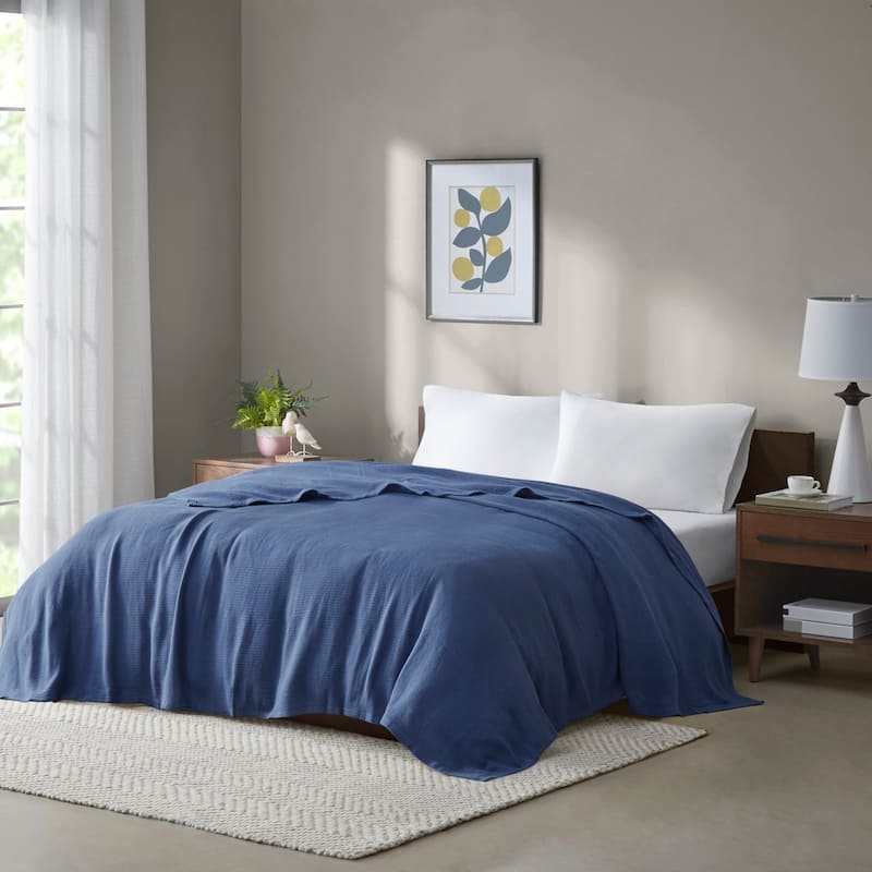 Madison Park Freshspun Basketweave Cotton Blanket - Full/ Queen - Navy
