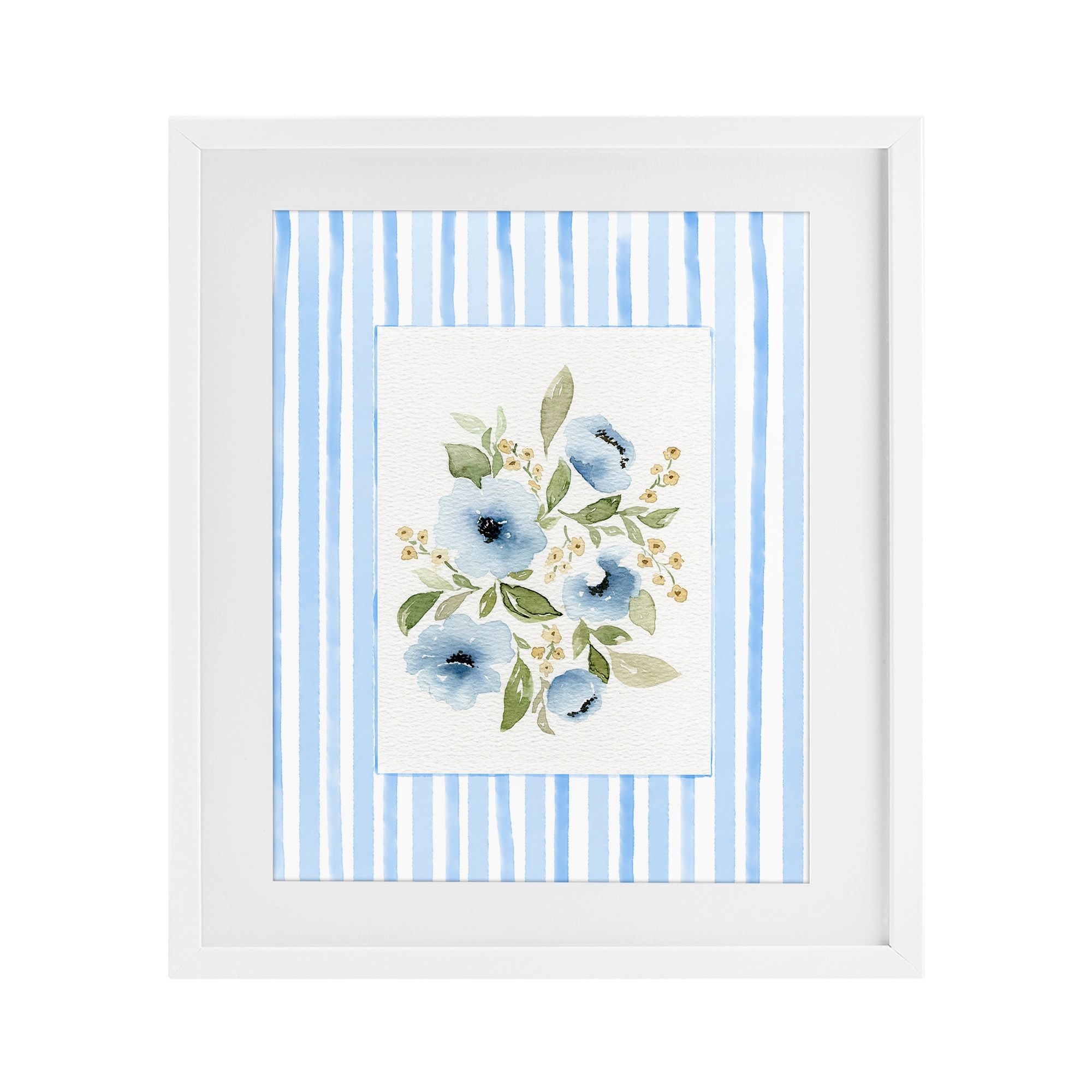 Stupell Flowers with Blue Stripes Under Glass Framed Design By Leah Noel Art