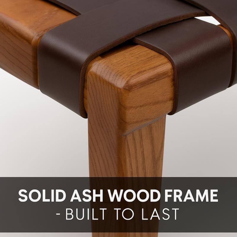 Aria Home Brown Rene Accent Stool with Recycled Leather Seat & Ash Wood Frame