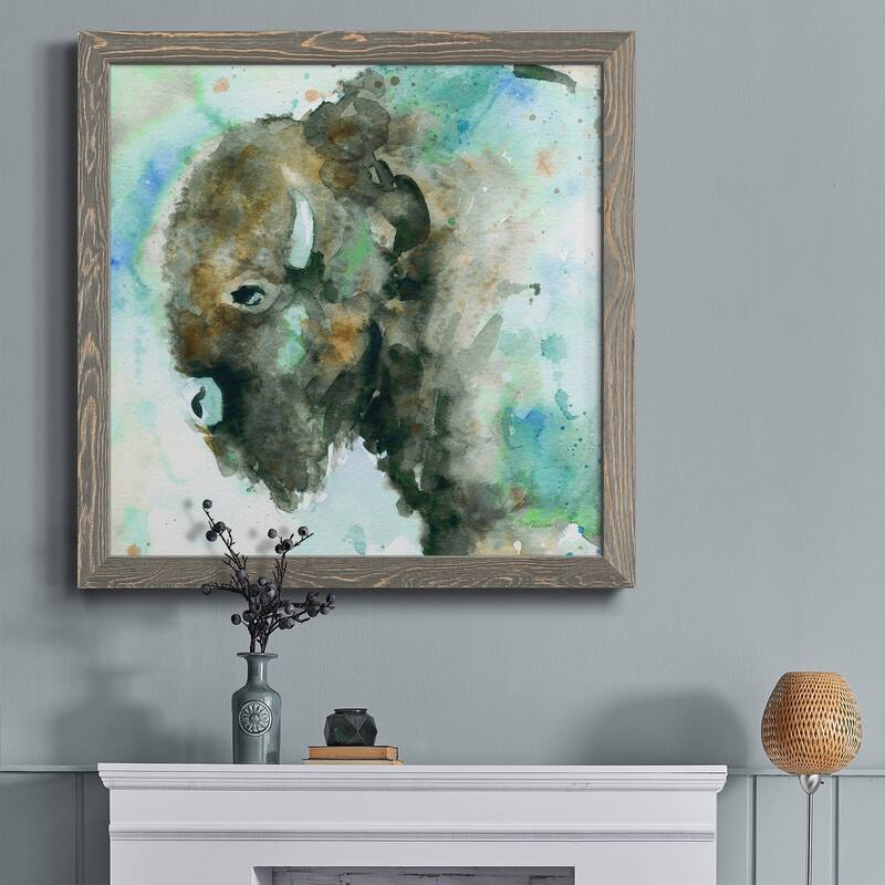 Buffalo On Blue-Premium Framed Canvas - Ready to Hang