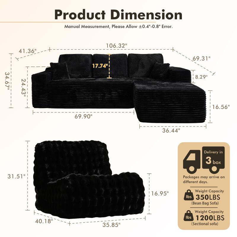 XIZZI Modern Plush Sectional Chaise Couch with Bean Bag Chair